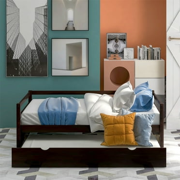 Twin Size Daybed with Pull Out Trundle Bed, Wooden Bed Frame with 3-Side Full-length Guardrails, Living Room Bedroom Dual-use Daybed Frame for Teens Boys and Girls, No Box Spring Needed, Espresso