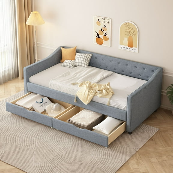Twin Size Daybed Sofa Bed with Storage Drawers, Upholstered Tufted Design, Button Back & Piped Waved Arms, Breathable Cushions, 500-Lb Capacity Frame - Light Grey