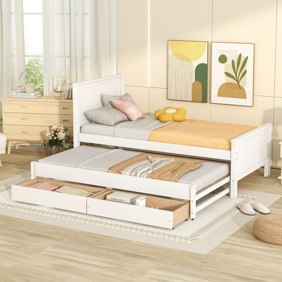 Twin Size Daybed, Solid Wood Captains Bed with Pull-out Trundle Bed with 2 Drawers, Storage Bed Frame with Smooth Casters and Headboard for Living Room Bedroom, No Box Spring Needed, White
