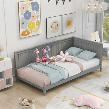 Twin Size Daybed, Solid Wood Daybed Frame with Backrest and Armrests, Dual-use Platform Bed Sofa Bed with Slats Support and Under-Bed Storage for Boys Girls Adults, No Box Spring Needed, Gray