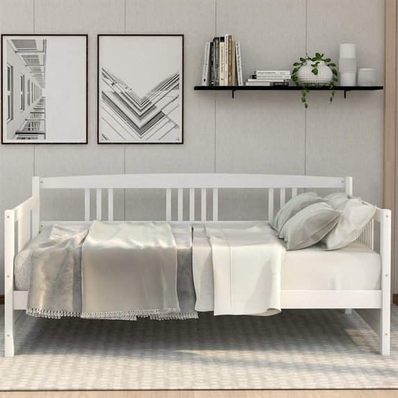Twin Size Daybed Frame, Modern Dual-Use Wooden Sofa Bed Frame with Support Legs and Slats Support, Mattress Foundation for Living Room Bedroom, No Box Spring Needed, White