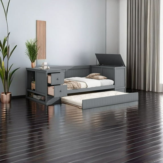 Twin Size Daybed with Storage Arms, Trundle and Charging Station, Solid Wood Sofa Bed Frame with Sturdy Slat Support Compatible with Living Room Home Office Guest Room, Maximize Space Savings