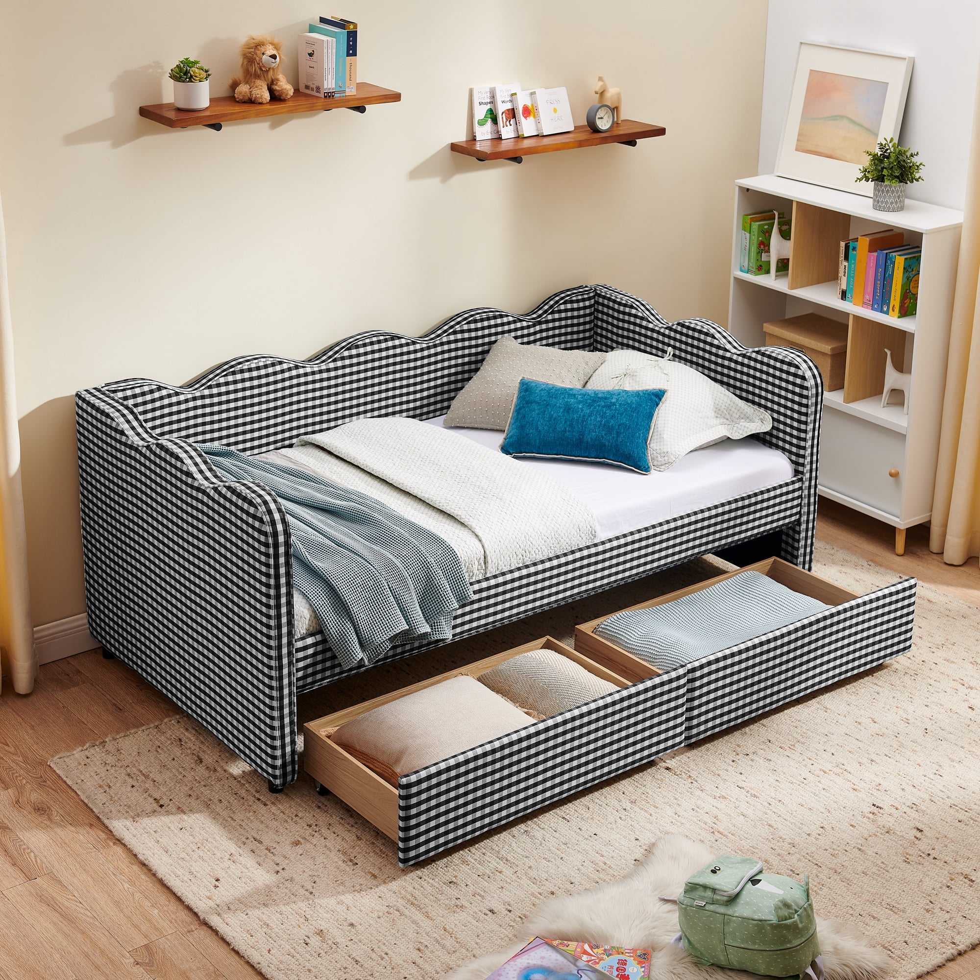Twin Size Daybed with Storage Drawers and USB Port, Upholstered Linen Sofa Bed with Trundle Style Design, Kids Daybed Frame for Bedroom Living Room, Black