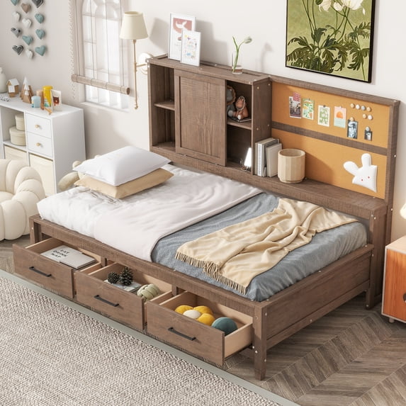 Twin Size Daybed with Storage, Wood Day Bed Frame with Shelves Headboard and 3 Drawers, Wooden Sofa Bed for Living Room Bedroom, No Box Spring Need, Wood color