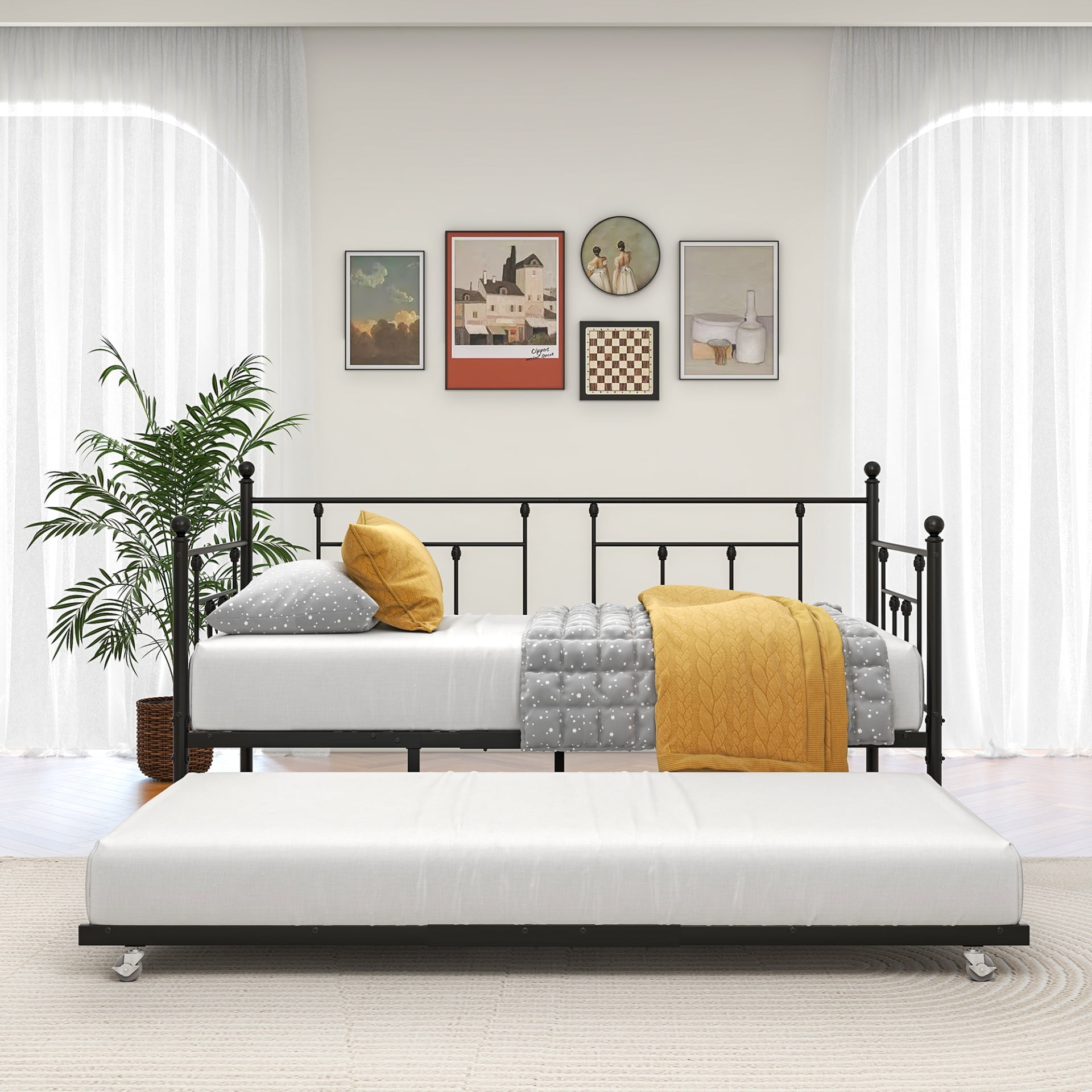 Twin Black Metal Daybed with Trundle and Wood Headboard