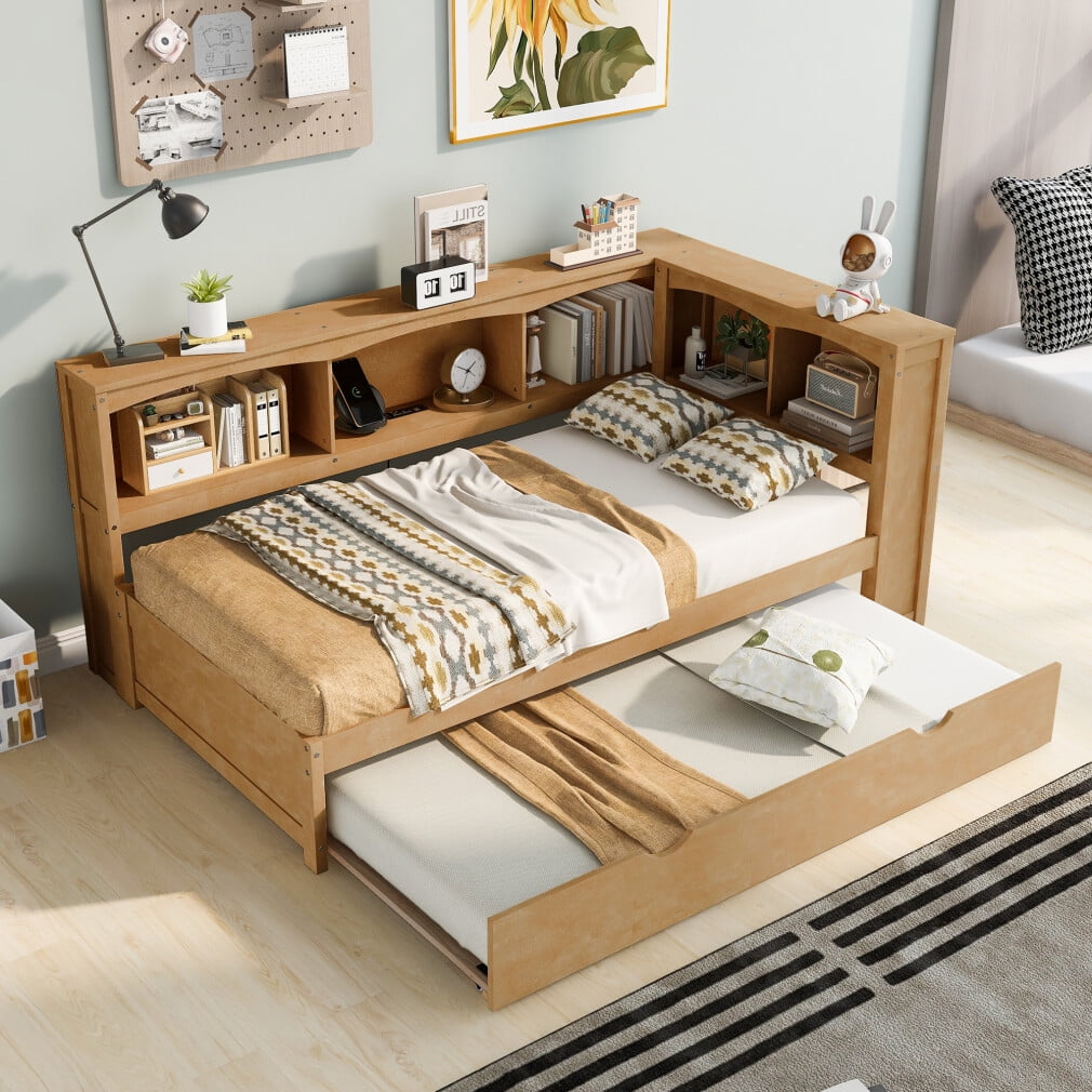 Twin Size Daybed with Trundle Bookcase Twin Platform Bed Frame with L Shape Headboard USB Ports Storage Cabinets Wood Twin Daybed Frame for Kids Teens Adults Wood Color Walmart