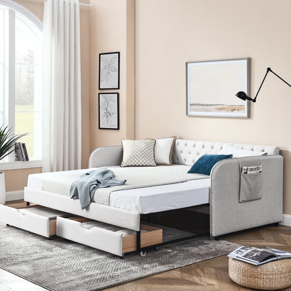 Twin Size Daybed with Trundle | Elegant Button Tufted Design, Suitable for Various Rooms | Sturdy Plywood and MDF Construction | Helps with Storage and Guest Bed Needs
