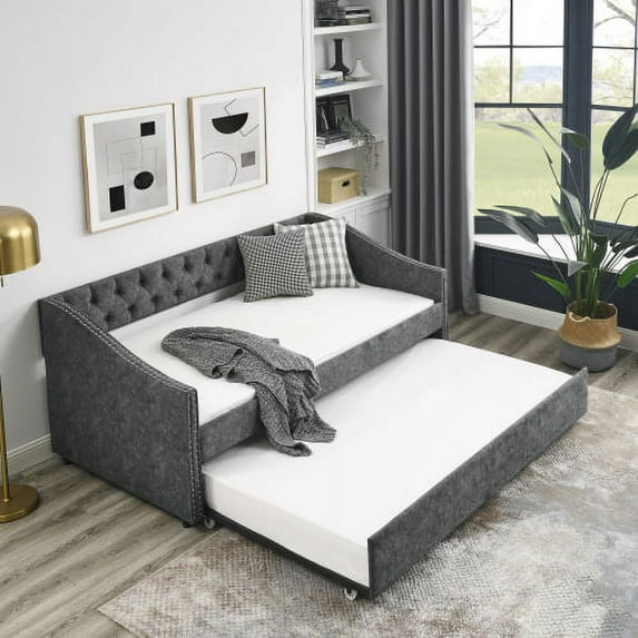 Twin Size Daybed with Trundle, Fabric Upholstered Twin Size Day Bed Button-Tufted Sofa Daybed Frame w/Twin Roll-Out Trundle, No Box Spring Needed, Furniture for Bedroom, Living Room, Guest Room, Grey
