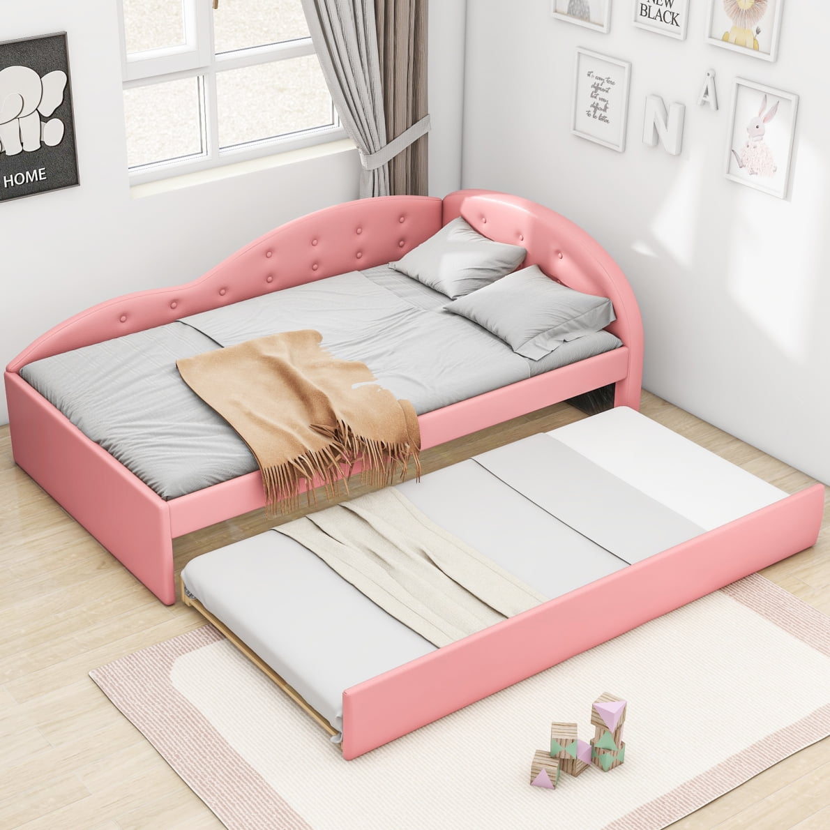 Twin Size Daybed with Trundle, Faux Leather Upholstered Day Bed Frame, Wood Platform Bedframe