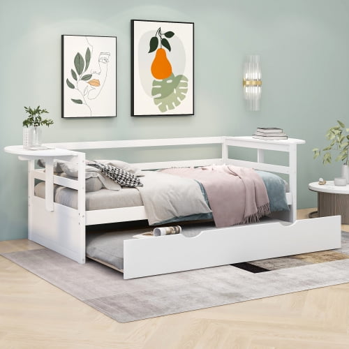 Twin Size Daybed with Trundle, Foldable Shelves on Both Sides, Bedroom ...