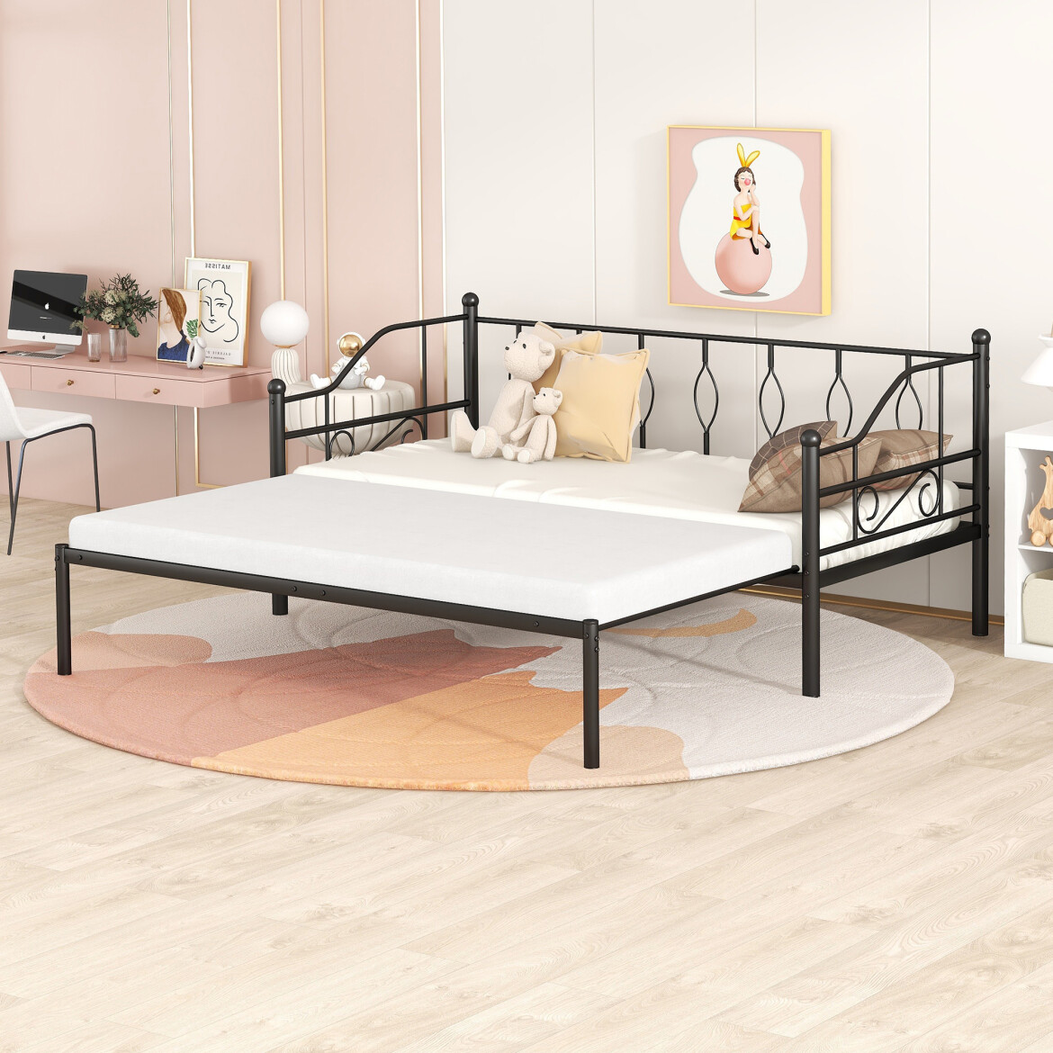 Twin Size Daybed with Trundle, Metal Daybed Frame with Adjustable