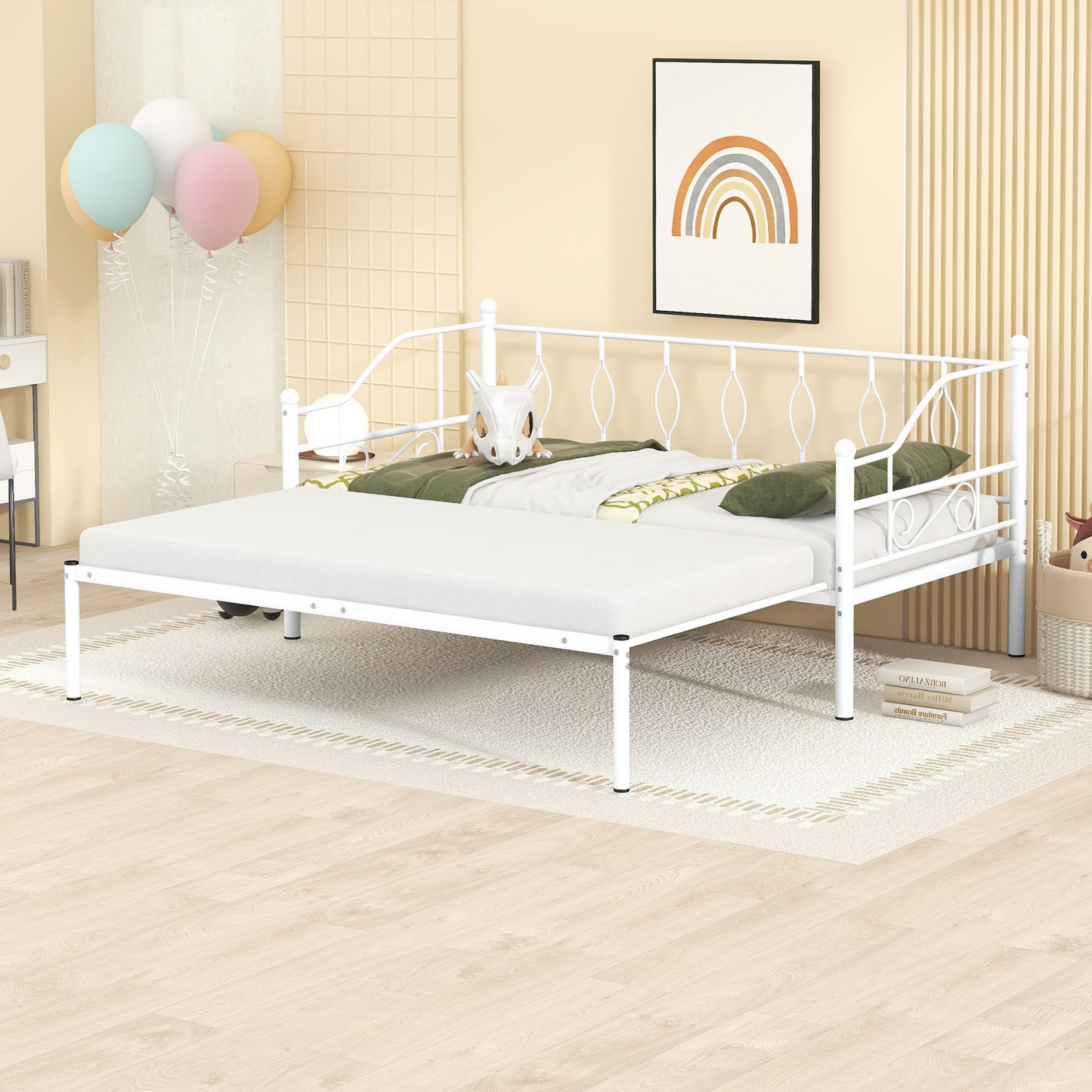 Twin Size Daybed with Trundle, Metal Daybed Frame with Adjustable