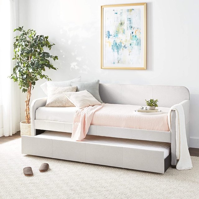 Twin Size Daybed with Trundle, Modern Fabric Upholstered Daybed Frame