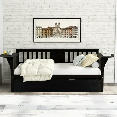 Twin Size Daybed with Twin Trundle, Multifunctional Wood Daybed Frame with Three Sides Handrails and Foldable Shelves, Twin Platform Bed Sofa Bed with Wood Slat Support, No Box Spring Needed Espresso