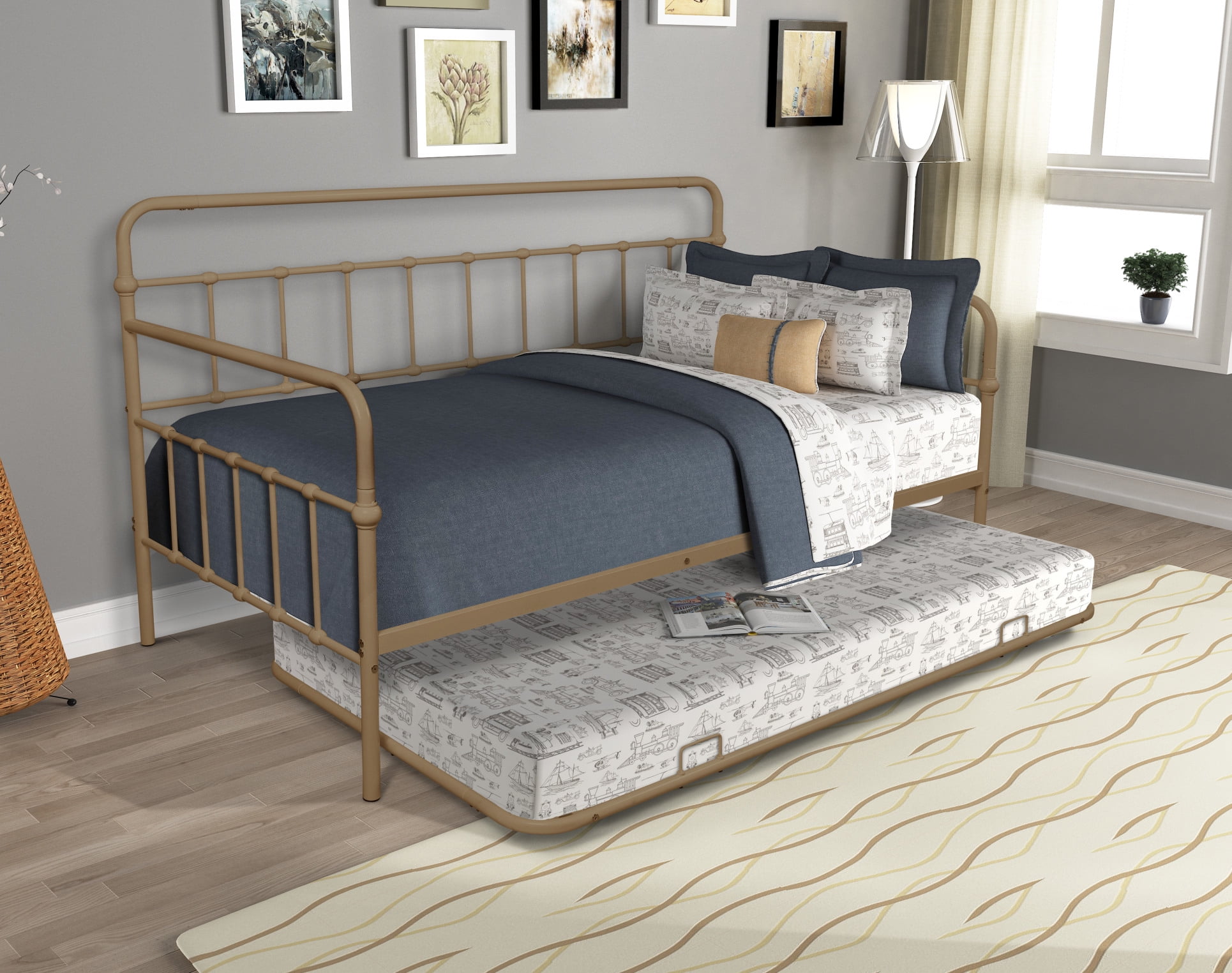 Twin Size Daybed and Trundle Set with Steel Slats, Metal Daybed and