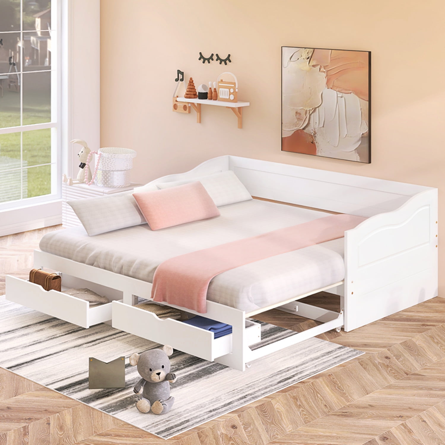 Twin Size Daybed with Trundle, Solid Wood Extendable Twin to King Daybed  Frame with 2 Drawers, Multi-Functional Sofa Bed with Wood Slats Support