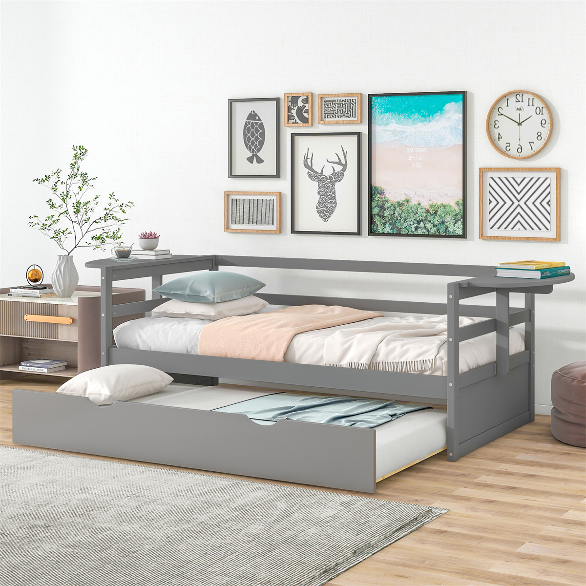 Twin Size Daybed with Trundle, Solid Wood Daybed Frame with Foldable