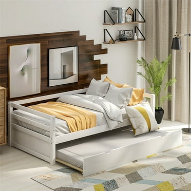 Twin Size Daybed with Trundle, Solid Wood Daybed Frame with Full-length Guardrails and Wood Slats Support, Multifunctional Sofa Bed for Kids Teens and Adults, No Box Spring Needed, White