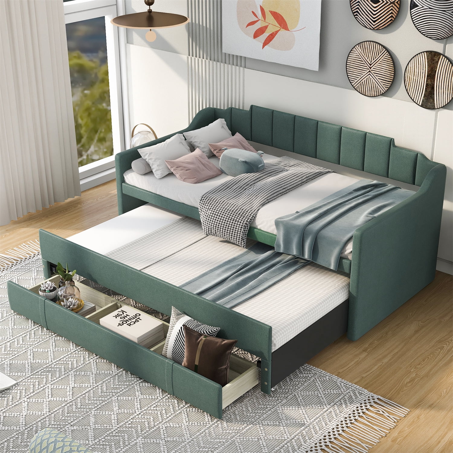 Twin Green Upholstered Daybed with Trundle and Storage Drawers