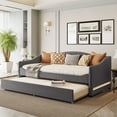 thumbnail image 1 of Twin Size Daybed with Trundle, Upholstered Teddy Fleece Twin Daybed Sofa Bed Frame with Light, Wood Slat Support, No Box Spring Needed, Easy Assembly, for Bedroom Living Room, Gray, 1 of 9