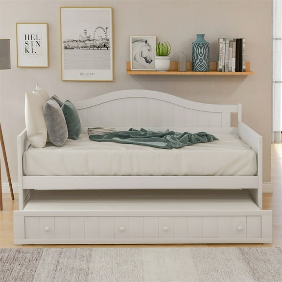 Twin Size Daybed with Trundle, Wooden Daybed Frame with Headboard and Footboard, Sofa Bed Twin Platform Bed with 10 Slat Support for Bedroom Living Room, No Box Spring Needed, White