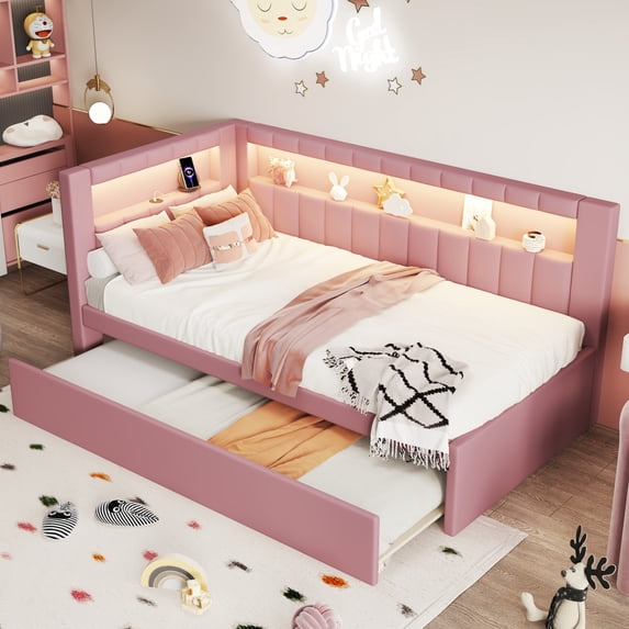 Twin Size Daybed with Twin Size Trundle, Upholstered Twin Daybed with USB Ports and LED Belt, Linen Fabric Sofa Bed Frame , No Box Spring Needed, Pink