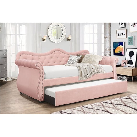 Twin Size Daybed with Twin Trundle Bed, Tufted Upholstered Sofa Bed with Side Armrest & Wood Slats Support, Wooden Home Bed Frame for Living Room Guest Room Bedroom, No Box Spring Required, Pink
