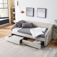 thumbnail image 1 of Twin Size Daybed with Two Storage Drawers, Wooden Daybed Frame with Sturdy Slat Support, Linen Sofa Bed for Living Room, Bedroom, No Box Spring Needed, 82.5"L x 42.5"W x 34"H, 1 of 7