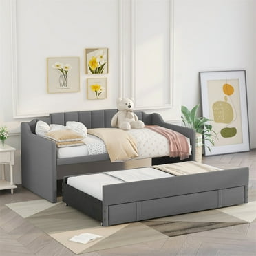 Twin Size Daybed, Upholstered Daybed with Trundle and Storage Drawers, Wood Sofa Bed Frame with Slats Support, Living Room Bedroom Dual-use Daybed for Kids Teens Adults, Gray