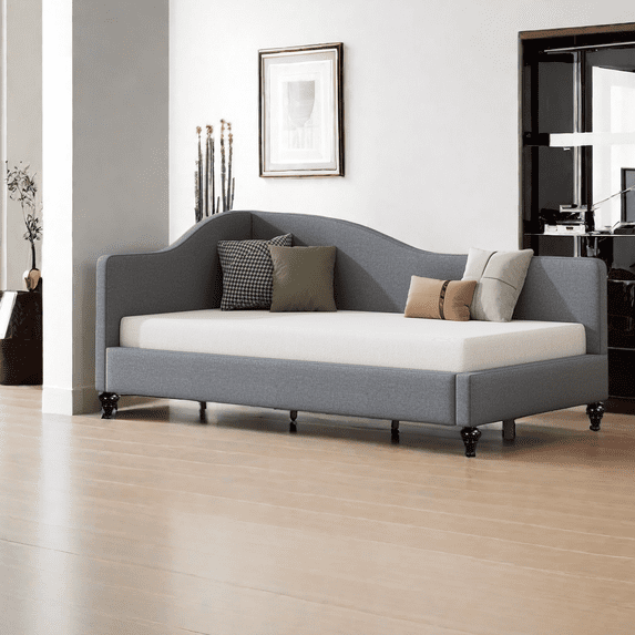 Twin Size Daybed, Upholstered Wooden Sofa Bed Frame with Headboard and Armrest, Linen Fabric, Sturdy Wood Slat Support, No Box Spring Needed, Easy Assembly