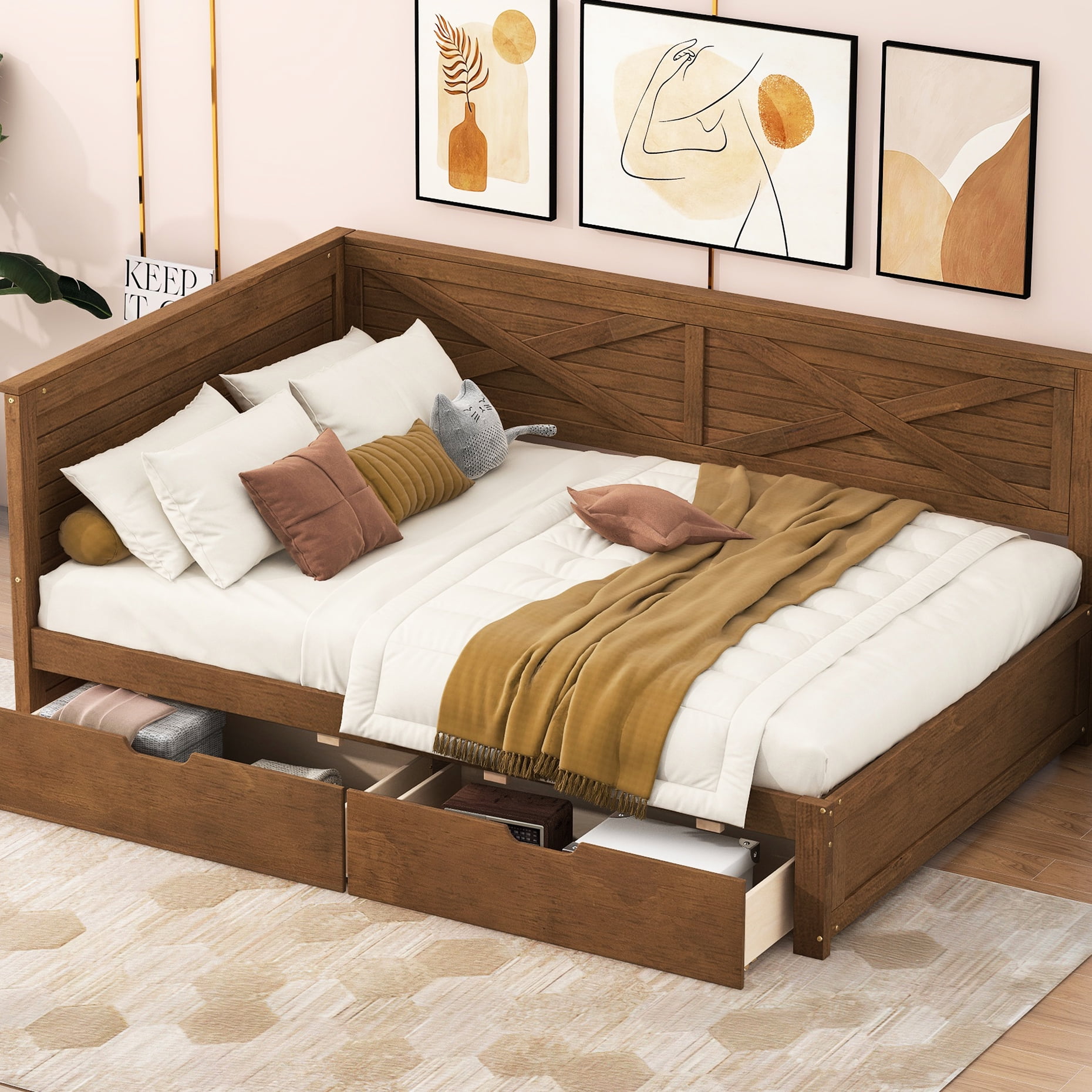 Twin Size Daybed With 2 Drawers And Rustic Guardrail In Brown Antique ...