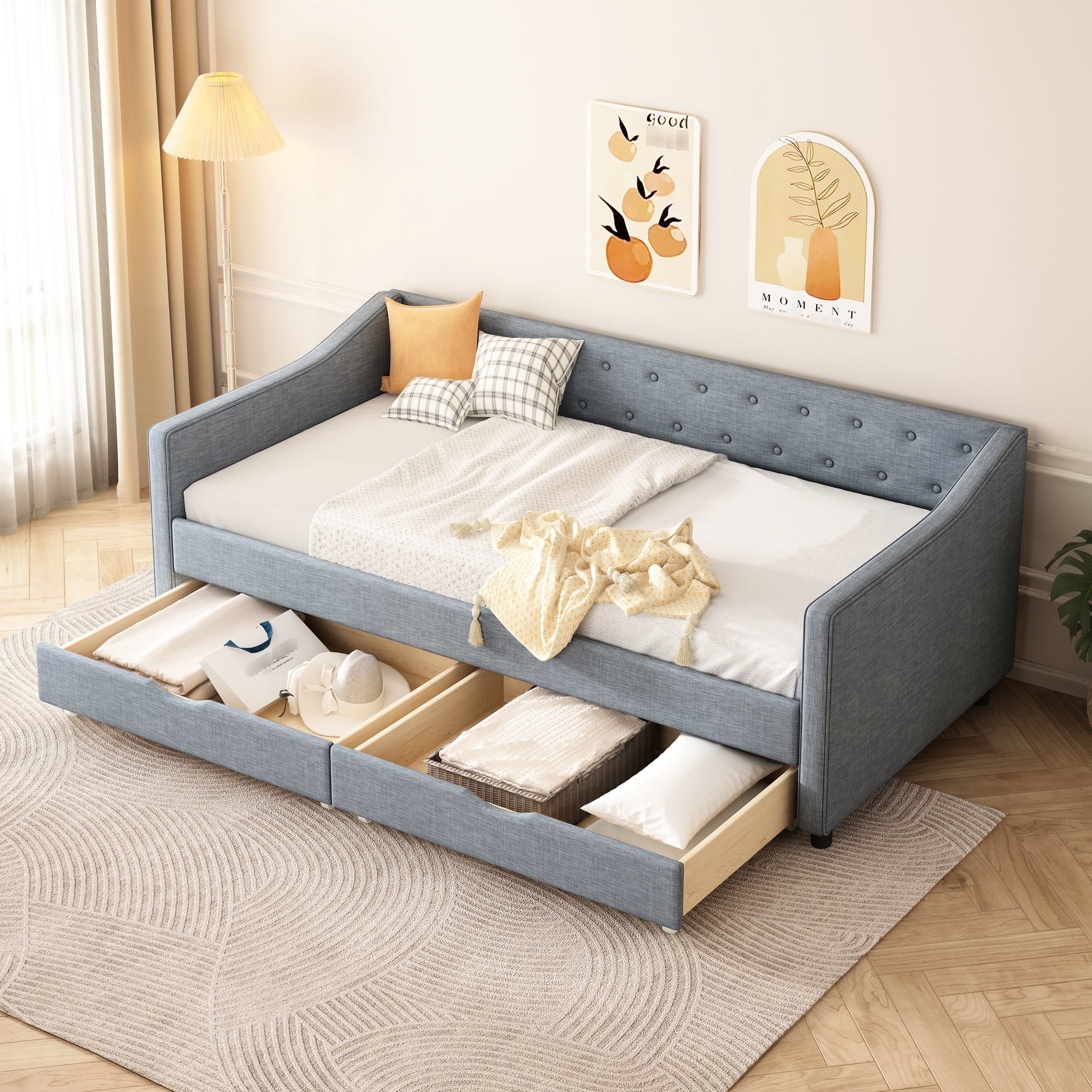 Twin Size Daybed With Drawers - Grey Upholstered Bed Button Back And ...