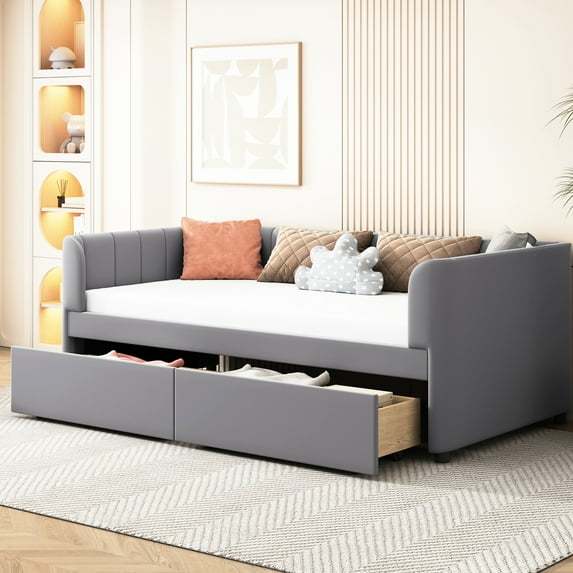 Twin Size Daybed With Ergonomic Back Support And 2 Drawers, Gray Chic Style Velvet Drawers