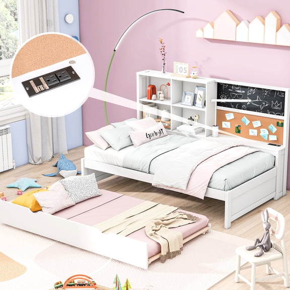 Twin Size Daybed With Storage And Trundle - Wood Construction Ports, Blackboard Cork Board In White Shelves