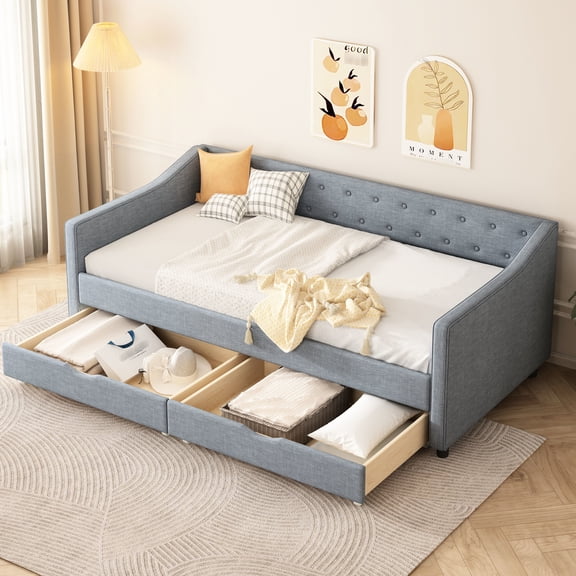 Twin Size Daybed With Storage Drawers - Grey, Upholstered Bed Button Back And Piping Trim Grey Drawers, Buttoned Embellished Arms