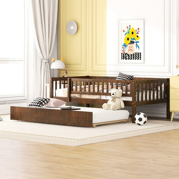 Twin Size Daybed With Trundle And Fence Guardrails, Rich Walnut Movable Guardrails
