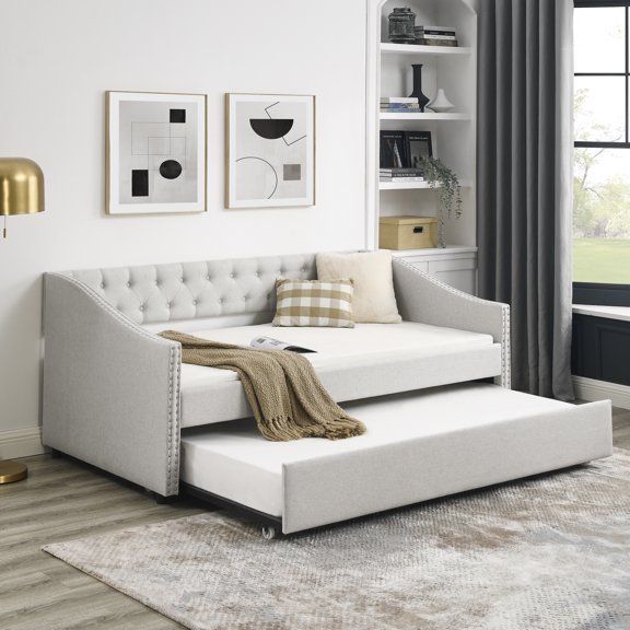 Twin Size Daybed With Trundle, Beige Fabric Upholstery, Back And Vivid Copper Nail Arms Upholstered In Beige, Enchanting
