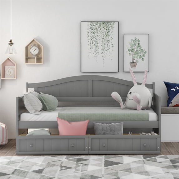 Twin Size Daybed, Wood Daybed Frame with 2 Storage Drawers, Twin Sofa Bed with Headboard and Footboard, Living Room Bedroom Dual-use Daybed for Kids Teens Adults, Gray