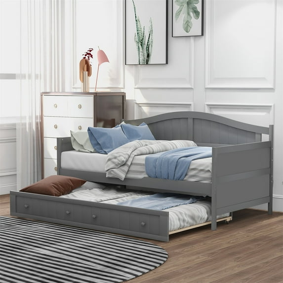 Twin Size Daybed, Wood Daybed Frame with Pull-Out Trundle Bed, Twin Sofa Bed with Headboard and Footboard, Living Room Bedroom Dual-use Daybed for Kids Teens Adults, Gray