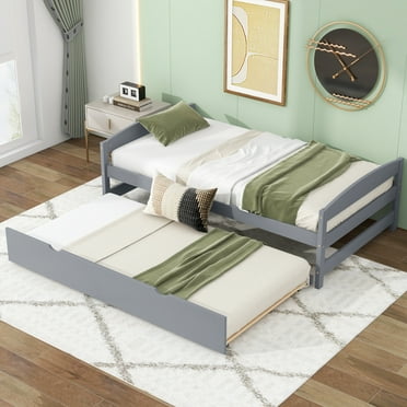 Twin Size Daybed, Wooden Sofa Bed Frame with Twin Size Trundle Bed, Multifunctional Daybed Frame for Bedroom, Guest Room, Living Room, Apartment, No Box Spring Needed, Gray