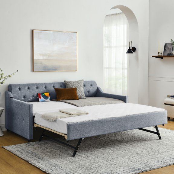 Twin Size Daybed in Grey - Pull - out Trundle & Reinforced Frame - For Home Use - Charging Convenience