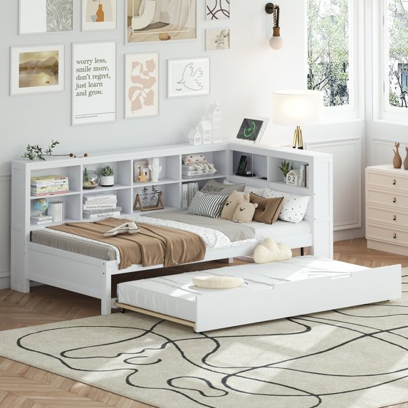 Twin Size Daybed with 10 Storage Shelves, Wooden Bed with Twin Size Trundle, Shelves and Sockets, No Box Spring Needed, White