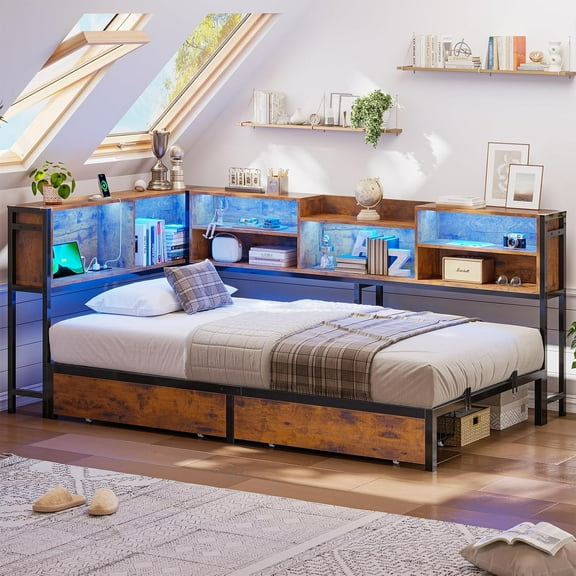 Twin Size Daybed with 2 Drawers&Bookcase Storage, Modern Corner Bed Frame with Charging Station and LED Light for Bedframe, Brown
