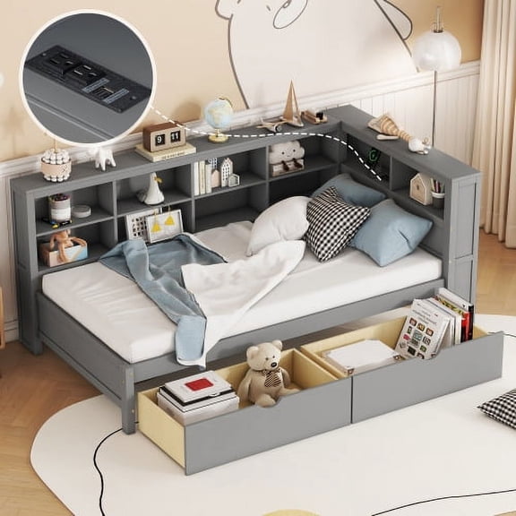 Twin Size Daybed with 2 Drawers, Wooden Daybed with Storage Shelf and USB Charging Port, Grey Daybed Frame for Bedroom