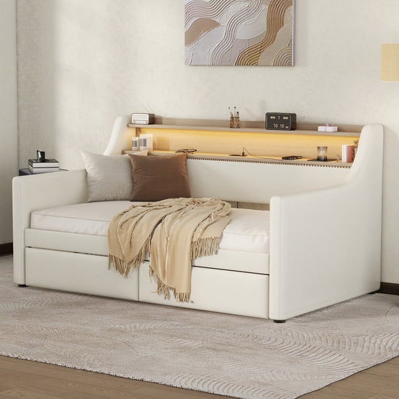 Twin Size Daybed with 2 Storage Drawers and Storage Headboard, Leather Upholstered Daybed Sofa Bed Frame with Charging Station and RGB LED Lights