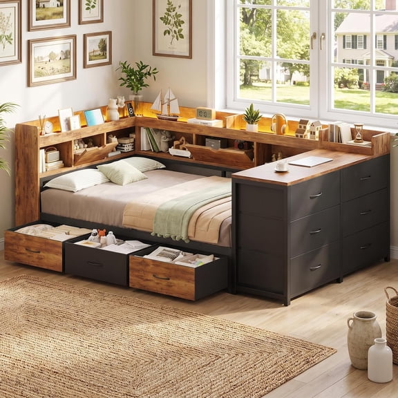 Twin Size Daybed with 9 Drawers & Bookcase Storage Metal Platform Corner Bed with Hidden Storage, Vintage Brown