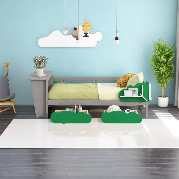 Twin Size Daybed with Desk, Green Leaf Shape Drawers and Shelves