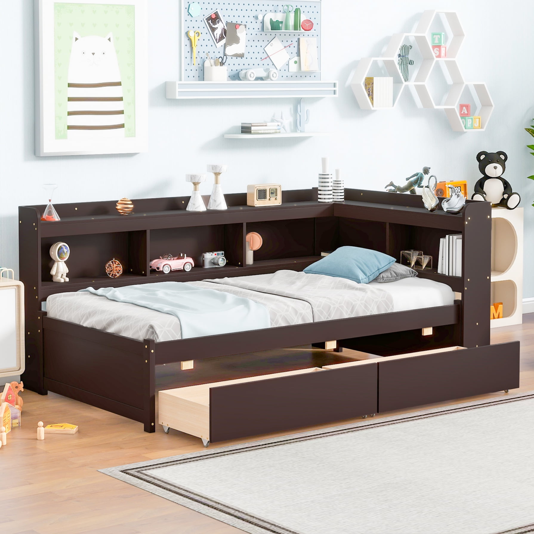 Twin Size Daybed with LShaped Bookcases & Drawers, Solid Wood Bed
