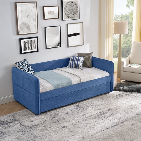 Twin Size Daybed with Pop-up Trundle Upholstered Tufted Sofa Bed, Boucle Fabric 83x43x29.5 for Living Room Guest Room