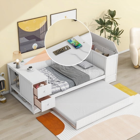 Twin Size Daybed with Storage Arms, White Trundle & a Convenient Charging Station